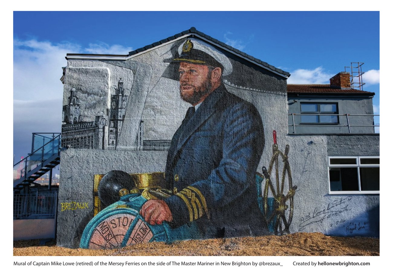 Postcard of the mural under a blue sky, captioned: Mural of Captain Mike Lowe (retired) of the Mersey Ferries on the side of The Master Mariner in New Brighton by Brezaux.